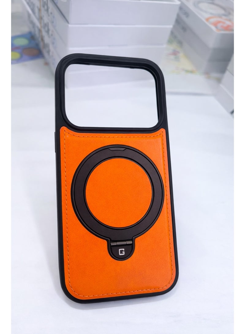 iPhone 17 Pro Leather-Style Magnetic Case  360 Rotation – Wireless Charging Ready, 5G Compatible, Slim Protective Cover with Ring Stand (Executive Orange) - Image 4